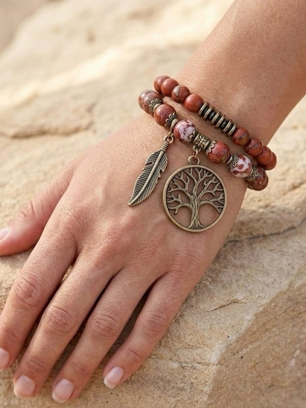 Red Jasper Beaded Bracelet Set w/ Tree of Life & Leaf Charms